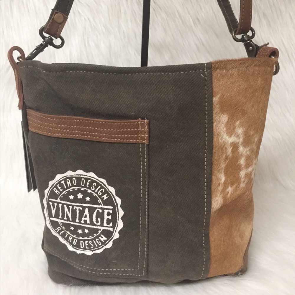Myra Vintage Stamp Canvas Cow Hide Shoulder Bag
